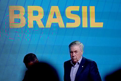 Brazil's Italian head coach Carlo Ancelotti attends a press conference in Rio de Janeiro, Brazil on October 1, 2025.
