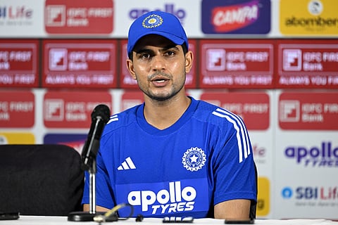 Indian team captain Shubman Gill attends a press conference at the Narendra Modi Stadium.