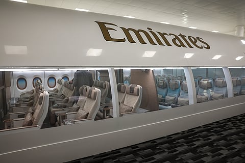 Inside the Emirates Centre of Hospitality Excellence at Emirates Crew Training Centre, there is an Airbus A350 with unique glass windows in which crew get trained in luxury hospitality service.