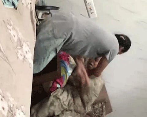 At one point, Harjeet Kaur is seen picking up a steel glass, striking Gurbajan Kaur twice with it before throwing it to the ground. Later, she pushes her mother-in-law again.