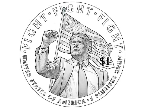 The draft design includes Trump's profile on one side, while the other side of the coin shows the president with his fist clenched and an American flag behind him.