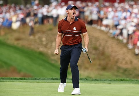 Rory McIlroy of Team Europe reacts on the 14th green during the Saturday afternoon four-balls matches of the 2025 Ryder Cup at Black Course at Bethpage State Park Golf Course on September 27, 2025 in Farmingdale, New York.
