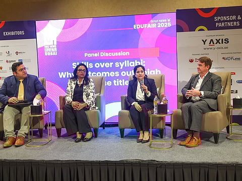 Prof. Shashank Khurana, Dr Vidya Nandagopal, Ruchi Aggarwal and Jeff Strachan during a panel discussion on the opening day of Gulf News Edufair 2025. Photo: Virendra Saklani/Gulf News