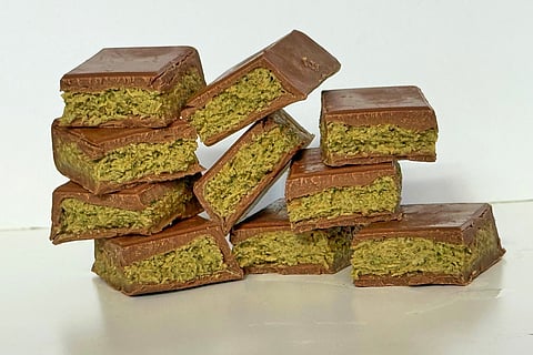 Pieces of Dubai chocolate bars are displayed in New York on Friday, Sept. 26, 2025. (Katie Workman via AP)