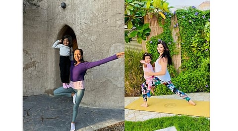 Left: Akshata Bhat Gupta with her daughter, Right: Muna Mustafa, with her daughter. Both inspiring Dubai mums share their journey on blending fitness and motherhood.