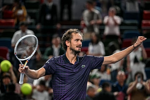 Russia's Daniil Medvedev celebrates after winning against the United States's Learner Tien during their men's singles match at the Shanghai Masters tennis tournament on October 8, 2025.