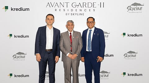 Abdul Azeez (centre), CEO of Skyline Builders; Misa Lazovic (left), Founder & CEO of Kredium; and Praveen Menon, Vice -President of Operations, Skyline Builders during the launch of Skyline's second project in Dubai, Avant Garde Residences ll at Jumeirah Village Circle