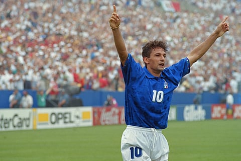 Italian forward Roberto Baggio celebrates his second half goal against Spain on July 9, 1994 at Foxboro Stadium in Boston during their Soccer World Cup quarter final game.