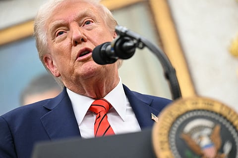 US President Donald Trump announces a deal to lower drug prices with drug maker AstraZeneca at the Oval Office of the White House in Washington, DC, on October 10, 2025.