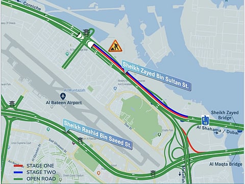 A partial closure of Sheikh Zayed Bin Sultan Street (E10) towards Corniche will begin on Friday, October 10, at 10 p.m., and continue until Monday, October 20, at 5 a.m.