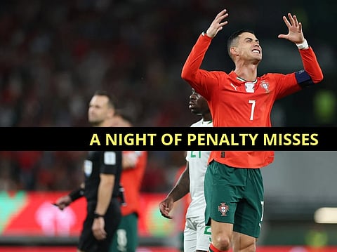 Portugal's forward #16 Cristiano Ronaldo reacts during the 2026 World Cup qualifier Europe zone group F football match between Portugal and Ireland at Jose Alvalade stadium in Lisbon on October 11, 2025.