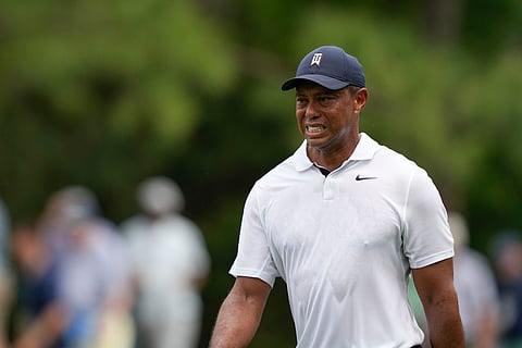Tiger Woods grimaces on the 15th hole during the first round of the Masters golf tournament at Augusta National Golf Club on Thursday, April 6, 2023, in Augusta, Ga.