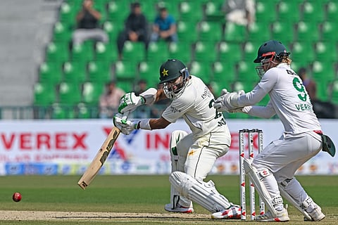 Pakistan's Imam-ul-Haq in action during the first day of the first Test cricket match against South Africa at the Gaddafi Stadium in Lahore on October 12, 2025.