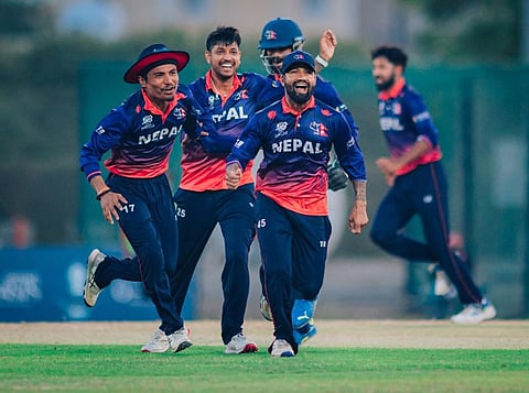 Nepal players celebrate their thrilling win over UAE.