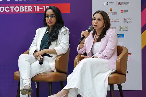 Anushka Lydia Issac, Head of Business Programs and Student Engagement, Demont Institute of Management & Technology; and Dr Akanksha Khanna, Assistant Professor of Management, Symbiosis International University Dubai during a panel disscussion at Gulf News Edufair Abu Dhabi.