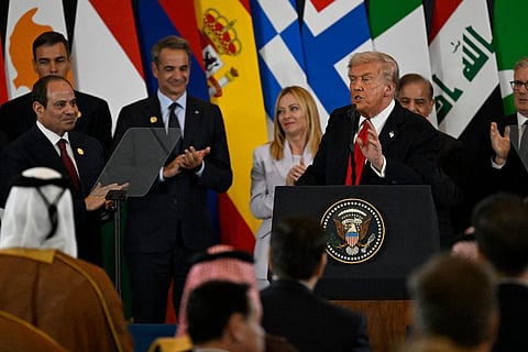 Trump delivers a statement during a summit on Gaza in Sharm Al Sheikh on October 13, 2025.