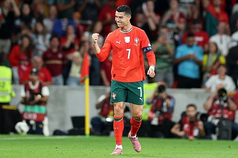 Portugal's forward #07 Cristiano Ronaldo celebrates scoring his team's second goal during the 2026 World Cup qualifiers Europe zone group F football match between Portugal and Hungary at Jose Alvalade stadium in Lisbon on October 14, 2025.