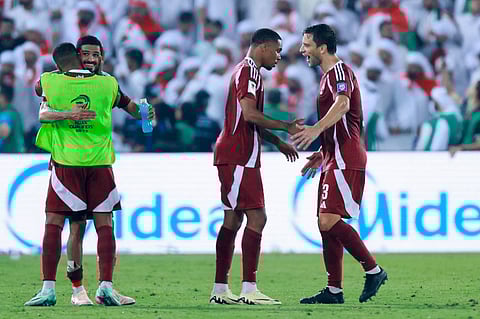 Qatar's defender #2 Pedro Miguel celebrates scoring his team's second goal during the FIFA World Cup 2026 Asian qualifier football match between Qatar and the UAE at Jassim Bin Hamad Stadium in Doha.