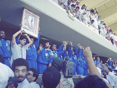 The UAE football team receives a grand welcome at Abu Dhabi Stadium after qualifying for the 1990 FIFA World Cup in Italy — a proud moment captured in Gulf News Archives.