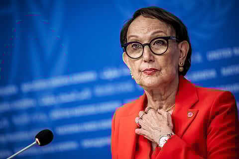 Secretary-General of the United Nations Trade and Development (UNCTAD) Rebeca Grynspan delivers a speech during a press conference, ahead of the 16th UN conference on trade and development, in Geneva, on October 13, 2025.