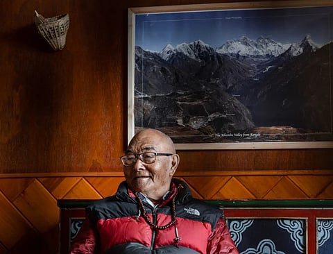 In this picture taken on May 28, 2023, Kancha Sherpa, a team member of the 1953 Mount Everest expedition which placed Tenzing Norgay and Edmund Hillary on the summit of the world's highest mountain, looks on during an interview on the eve of International Everest Day, at Namche Bazar in Solukhumbu district, northeast of Kathmandu.