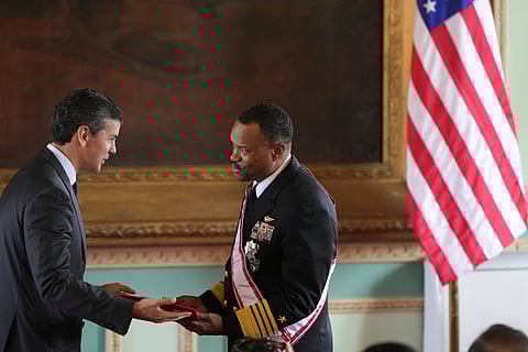 Paraguay's President Santiago Peña awards the Order of Merit "Gral Div Bernardino Caballero" in the grade of "Gran Cross", to Navy Adm. Alvin Holsey, commander of US Southern Command, at Government Palace in Asuncion, Paraguay, Aug. 23, 2025.
