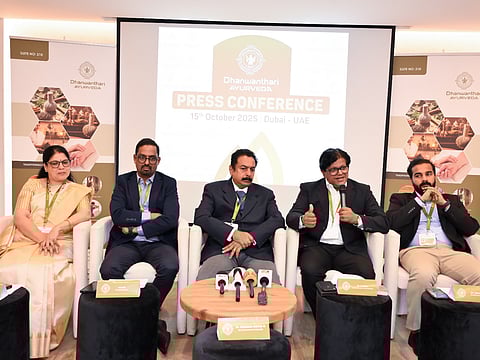 From left: Swathi, AGM & Admin Manager, Dhanwanthari India; Muraleedharan Ekarool, Maanaging Director, Dhanwanthari UAE; Dr Satheesh Namboothiri, Managing Director Dhanwanthari India; Dr Sathya K Pillai, Medical Director & Chief Physician, Dhanwanthari UAE; Dr Jaisam Abdulla, Manager and Physician, Dhanwanthari Dubai