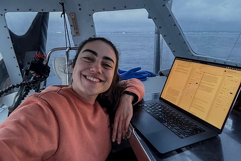 Brazilian sailor Tamara Klink during her Arctic voyage through the Northwest Passage, on her sailboat "Sardinha 2" in the remote western region of Nunavut, Canada, in the Beaufort Sea.