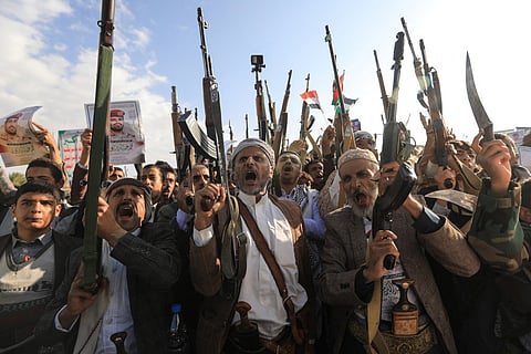 Supporters of Yemen's Houthis during a rally condemning Israel, a day after the Iran-backed group said that its military chief had been killed in an Israeli attack earlier this year, in Sanaa on October 17, 2025.