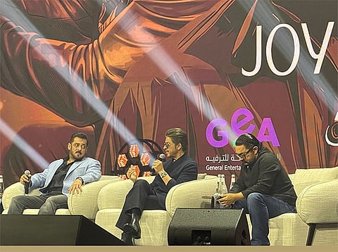 Salman Khan, Shah Rukh Khan and Aamir Khan on stage during the Joy Forum 2025 in Riyadh.