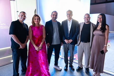 Dr. Khaled El-Anany, Director-General of UNESCO; Dr. Jamal Al Kaabi, Vice Chairperson of BRIDGE; Egyptian superstar Yousra; Mohamed Omar, Strategic Partner Manager at Meta; and members of the Meta team during the BRIDGE × Instagram AI-powered exhibition at El Gouna Film Festival 2025, celebrating 50 years of Yousra’s cinematic legacy.