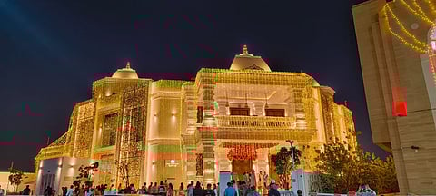 Worshippers visit the Hindu Temple Dubai, which has been decorated with Diwali lights, on Saturday night.