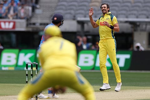 Australia's Mitchell Starc reacts after bowling to India’s Rohit Sharma during the first one-day international cricket match between Australia and India in Perth on October 19, 2025.