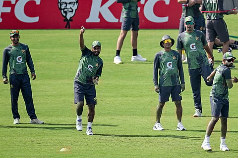Pakistan's team players attend a practice session on the eve of their second Test cricket match against South Africa, at the Rawalpindi Cricket Stadium in Rawalpindi on October 19, 2025.