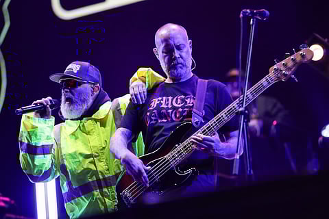 Throwback: Fred Durst (L) and Sam Rivers (R) from the US band "Limp Bizkit" perform on stage at the Estéreo Picnic Festival in Bogotá on March 21, 2024.