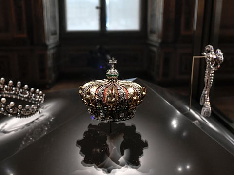 This picture shows the crown of the Empress of the French Eugénie de Montijo displayed at Apollon's Gallery on January 14, 2020 at the Louvre museum in Paris after the reopening of the Gallery following ten months of renovations.