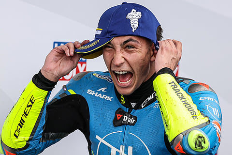 Trackhouse MotoGP Team's Spanish rider Raul Fernandez celebrates after winning the MotoGP Australian Grand Prix on Philip Island on October 19, 2025.