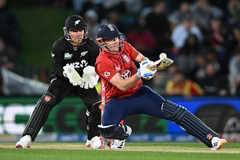 England's Harry Brook in action as New Zealand's wicketkeeper Tim Seifert during the second Twenty20 international cricket match at Hagley Oval in Christchurch on October 20, 2025.