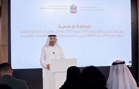 Abdullah Ahmed Al Saleh, Undersecretary of the Ministry of Economy and Tourism, speaks at Dubai headquarters to announce the Cabinet’s decision on the fees for trademark services provided by the Ministry.