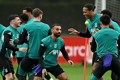Liverpool's Egyptian striker Mohamed Salah takes part in a training session at the team's training ground in Kirkby, north of Liverpool in northwest England, on October 21, 2025, on the eve of their UEFA Champions League league phase football match against Eintracht Frankfurt.