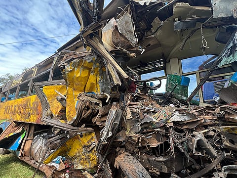 Wreckage of a bus involved in a highway collision that left dozens dead near Gulu, northern Uganda, on Wednesday, Oct. 22, 2025.