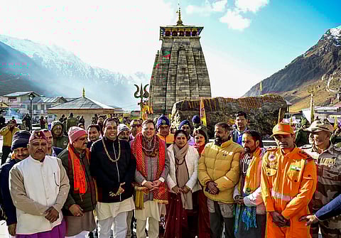 Uttarakhand Chief Minister Pushkar Singh Dhami during his visit to Kedarnath Dham, as the Dham closes for the winter season, marking the conclusion of this year’s pilgrimage, in Kedarnath on Thursday.