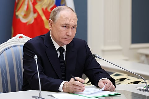 Russia President Vladimir Putin conducts a strategic nuclear forces exercise via videoconference from the Presidential Situation Centre at the Kremlin in Moscow, on Wednesday, Oct. 22, 2025.