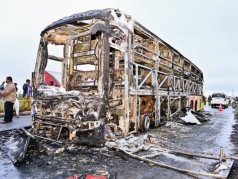 A view of the burnt bus after several people died after a collision near Kurnool on Friday, October 24, 2025.