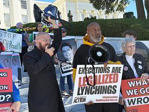 The Rev. Jeff Hood speaks at a protest against the death penalty on Wednesday, Oct. 22, 2025, at the Alabama Capitol in Montgomery, Alabama