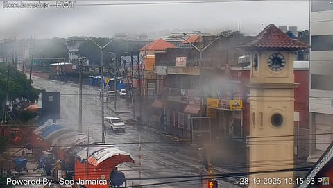 Video grab courtesy of a SeeJamaica CCTV camera shows downtown Kingston on October 28, 2025 as Hurricane Melissa makes landfall in Jamaica.