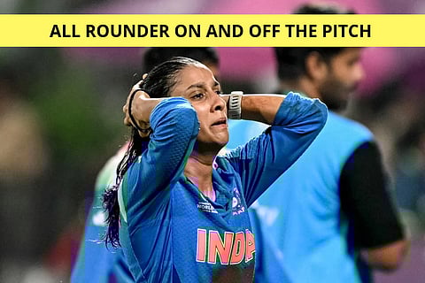 India's Jemimah Rodrigues reacts as she celebrates her team's win at the end of the ICC Women's Cricket World Cup 2025 one-day international (ODI) semi-final match between India and Australia at the DY Patil Stadium in Navi Mumbai on October 30, 2025.