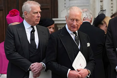 Britain's Prince Andrew, left, and Britain's King Charles III leave after the Requiem Mass service for the Duchess of Kent at Westminster Cathedral in London, Tuesday, Sept. 16, 2025.