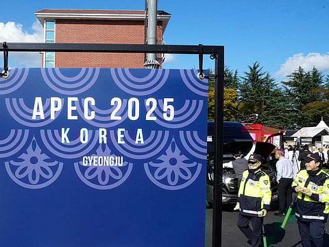 South Korean police officers patrol near the venue of the 2025 Asia-Pacific Economic Cooperation (APEC) Summit in Gyeongju, South Korea.