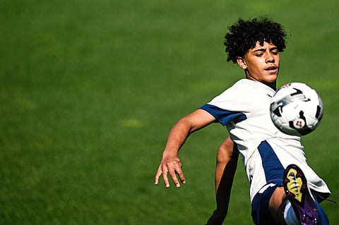Portugal’s under 15 forward Cristiano dos Santos Junior “Cristianinho”, son of Portugal’s forward Cristiano Ronaldo, takes part in a training session at Cidade do Futebol, training camp in Oeiras, outskirts of Lisbon, on May 11, 2025, ahead of under 15 Portugal vs Japan match on May 13, 2025 during Vlatko Markovic International Tournament in Croatia.
